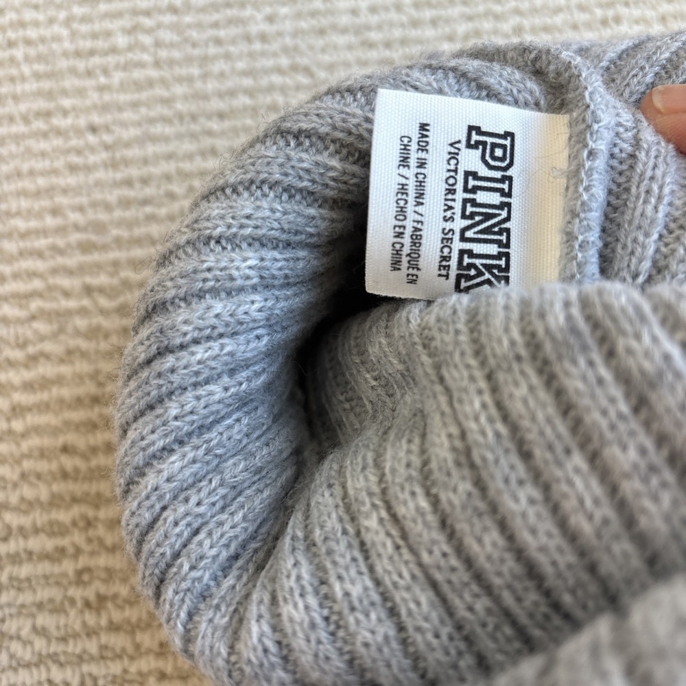 Victoria Secret Pink Beanie Hat Gray ribbed cute acrylic winter - Picture 6 of 7